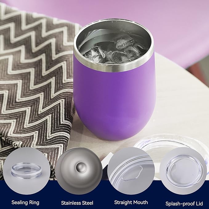 DOMICARE Stainless Steel Wine Tumbler Bulk with Lid, Personalized Insulated Tumblers Set, 12oz Travel Coffee Cups Pack of 1, Purple