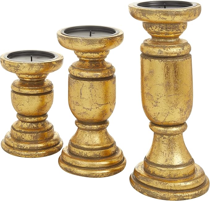 Deco 79 Mango Wood Decorative Candle Holder Turned Style Pillar Candle Stand, Set of 3 Candlestick Holder 10", 8", 6" H, Gold| (Pack of 6)