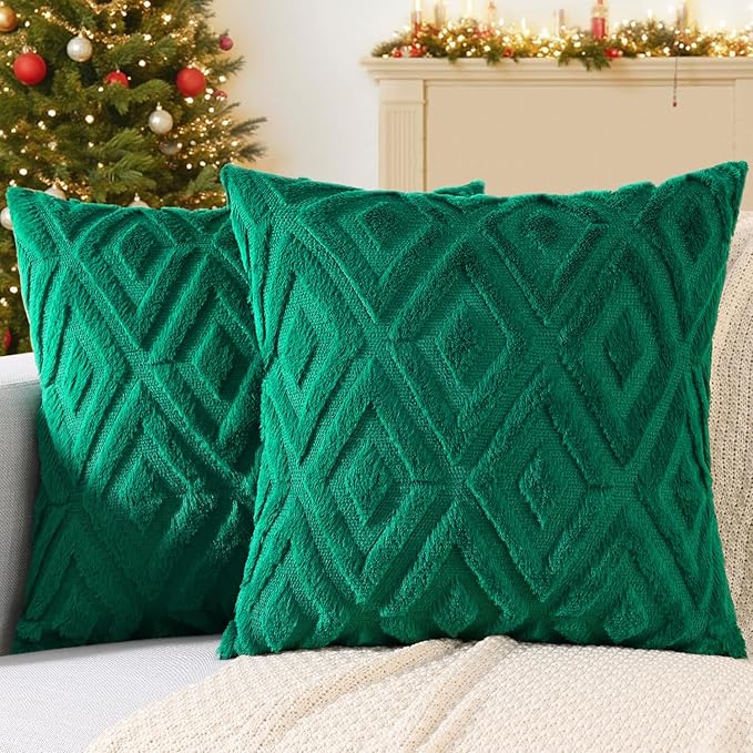 decorUhome Christmas Couch Throw Pillow Covers 20x20 Set of 2, Decorative Soft Plush Faux Wool Neutral Accent Pillow Covers for Bed Sofa Living Room, Green