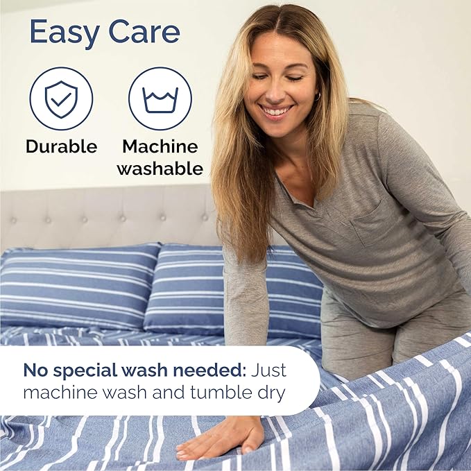 Queen Size 4 Piece Sheet Set - Comfy Breathable & Cooling Bed Sheets Set - Hotel Luxury Bedding for Women, Men, Kids, Teens, Boys & Girls - Deep Pockets, Soft, Wrinkle Free - Oeko-Tex - Blue Stripes 3
