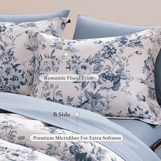 Full Comforter Set -7 Pieces Floral Blue Comforter Set for All Seasons, Bed in a Bag Full with Botanical Flowers Comforter, Sheets, Pillowcases & Shams
