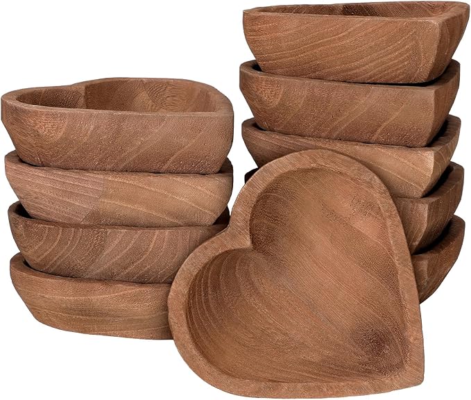 Tioncy 10 Pcs Wooden Dough Bowls - Wood Heart Shaped Hand Carved Paulownia Serving Decorative Bowl Bulk for Home Holding or Making Bread, Fruits, Salad & Candle, 7 Inch