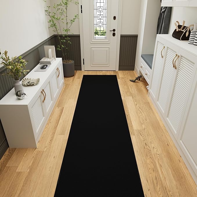 Ottomanson 3x39 Non Slip Extra Long Hallway Runner Rug with Rubber Backing - Solid Modern Kitchen Rug for Bedroom or Living Room, Black, 2'7" x 39'