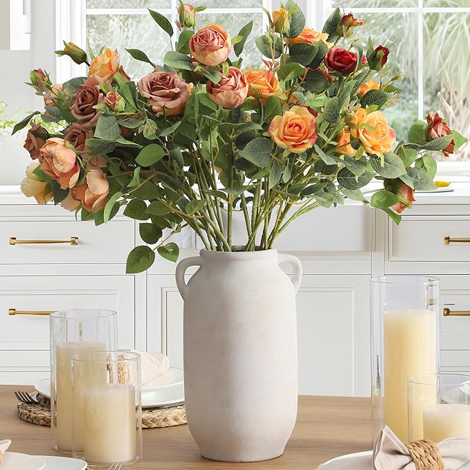 Large Flower Vase Home Decor - 12 inch Tall Ceramic Farmhouse White Rustic Table Vases with Handle Living Room Decoration Decorative Modern for Fireplace Kitchen