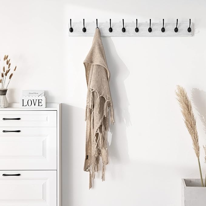 SKOLOO Farmhouse Style Large Wall Mounted Coat Rack-38.6'' Long, Pine Solid Wood Coat Hook Hanger - 10 Hooks for Hanging Clothes Robes Towels Coats