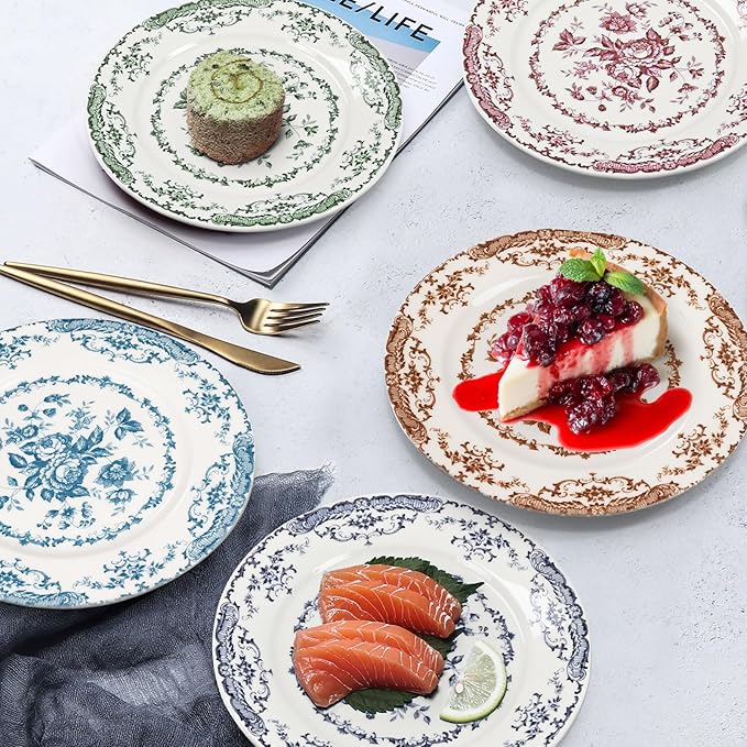 Dinner Plates Set of 6, Ceramic Kitchen Plates Microwave Safe Plates, 10.5 Inch Porcelain Dinner Plates Floral, Brown