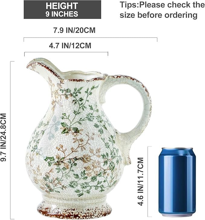 Enra Large Vintage Green Ceramic Vase and Pitcher for Home Decor, 9.7 Inch Rustic Chinoiserie Decorative Vases, Green and Beige Ceramic Vases for Living Room, Kitchen, Office – Large Vases for Decor