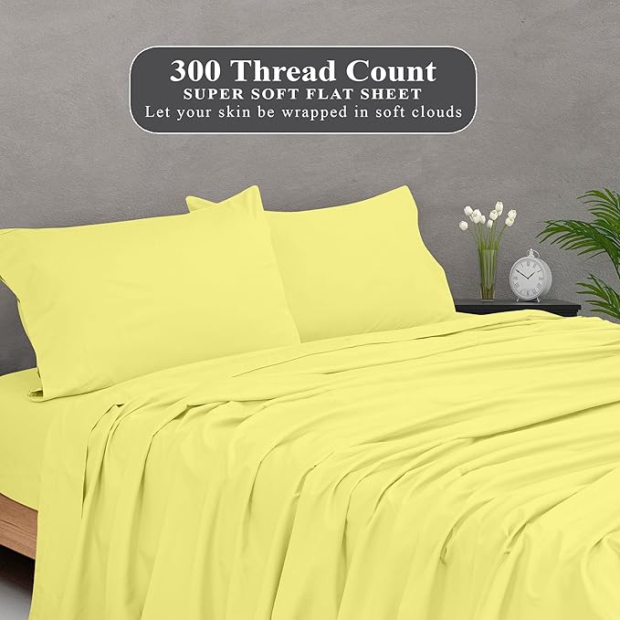 Royale Linens 300 Thread Count 100% Long Staple Combed Cotton Flat Sheet - Super Soft - Top Sheets - Full Flat Sheet Sold Separately - Breathable, Cool & Crisp Percale Sheets Only (Full, Yellow)