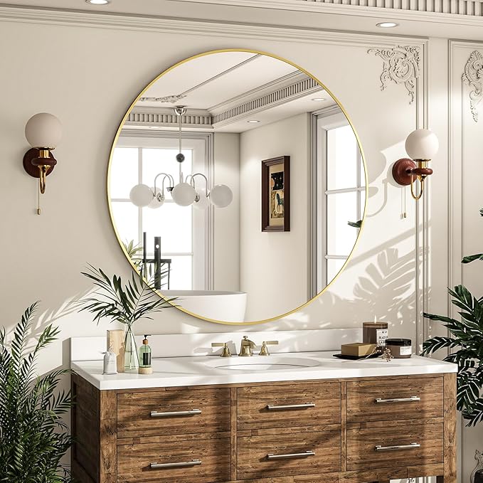 Round Mirror Wall Mounted Mirror - 32" Circle Mirror Bathroom Vanity Mirror with Aluminum Frame for Bedroom Living Room, Entryway Decor Gold Mirror