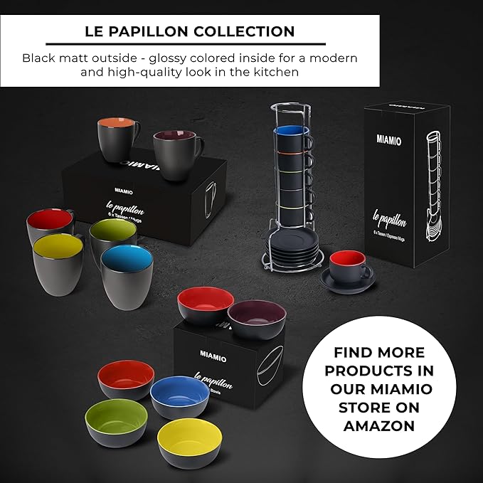 MIAMIO - 6 x 20.2 oz Stoneware Bowl Set Outside Black Inside Colourful - Le Papillon Collection (Mixed)