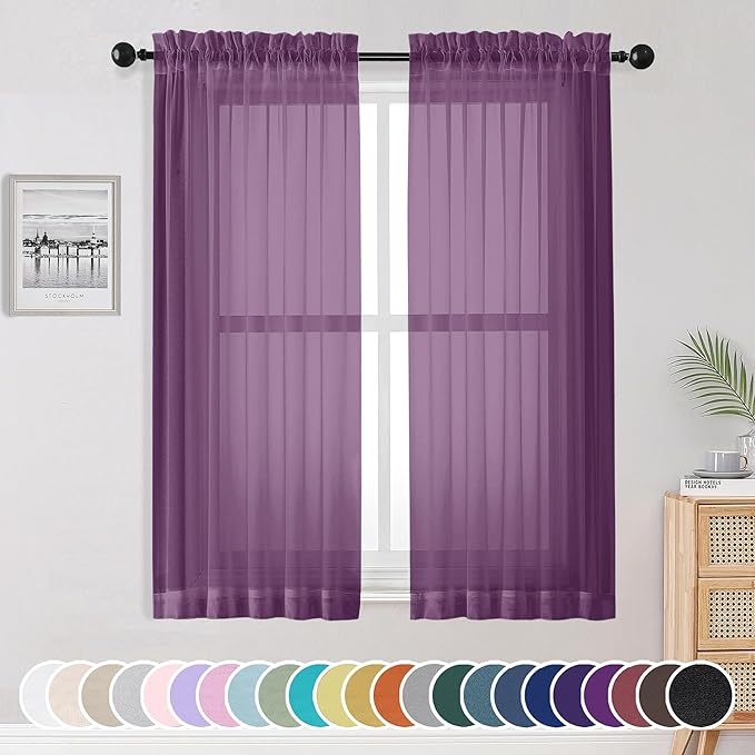 OWENIE Plum Sheer Curtains 63 Inches Long 2 Panels Set, Light Filtering Voile Fimly Sheer Curtains & Drapes for Living Room Bedroom, 2pcs, Plum, Each 42" W x 63" L Inch