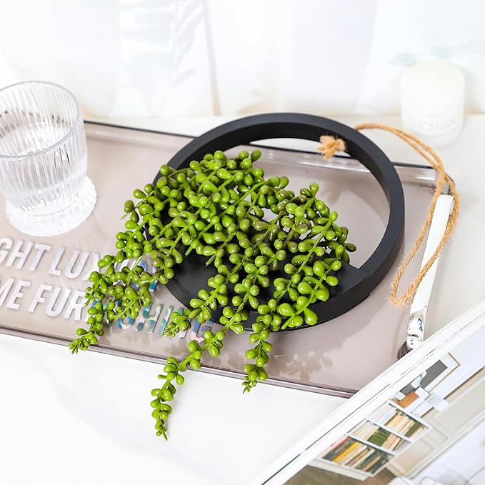 Floweroyal 2pcs Artificial Succulents Hanging Plants 12.2'' Fake String of Pearls in Pot with 8.3'' Lanyard for Indoor Outdoor Wall Decor (Black).