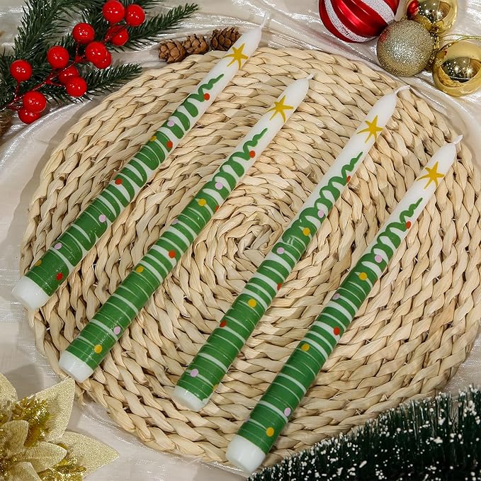 2 Pack Christmas Taper Candles, 10 Inch Unscented White Candlesticks with Christmas Tree Print Design for Holiday Table Decor, Fireplace Mantel, Advent Wreaths, Winter Weddings, Seasonal Display