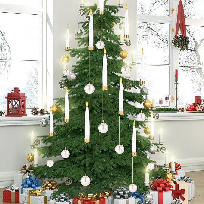 Baquler 24 Pcs Christmas Tree Candles with Remote, Flameless LED Candlesticks Flickering Candles with Pearl Ball Hooks for Xmas Home Wedding Winter New Year Hanging Ornaments Party Supplies