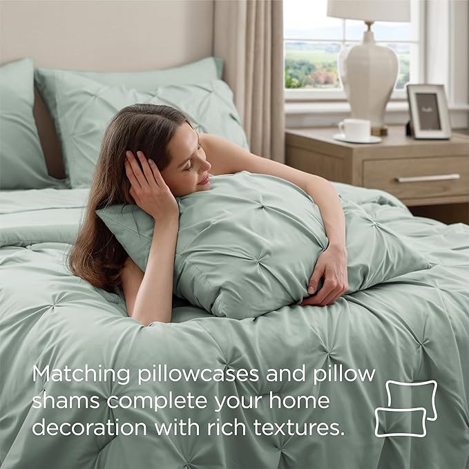 Bedsure Queen Comforter Set Sage Green - Bed in a Bag Queen Size Bedding 7 Pieces, GentleSoft™ Pintuck Bed Set Gift for Family, Pinch Pleat All Season Comforter with Sheets, Pillowcases & Shams