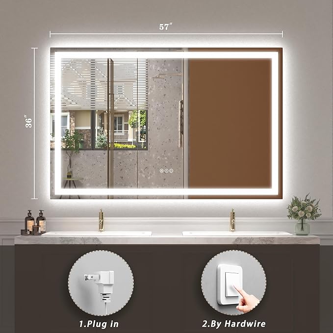 57x 36 LED Lighted Bathroom Mirror, Dimmable Vanity Mirror with Lights, Anti-Fog, ETL Listed (Backlit and Front Lighted)