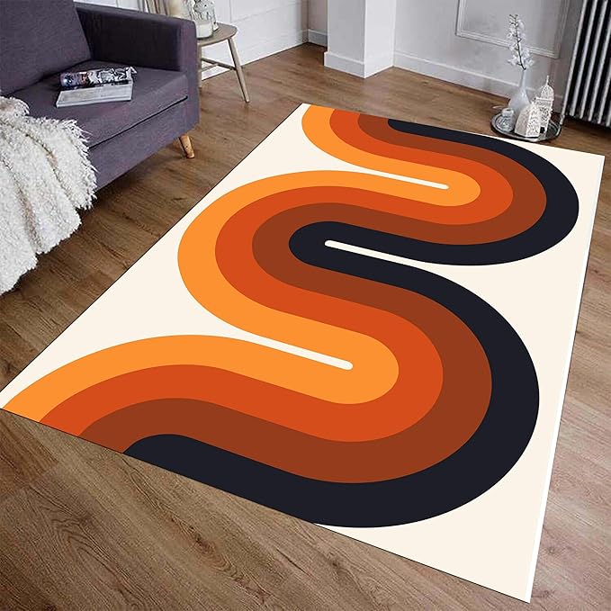 Scandinavian Style Rugs, 4x5 Retro Mid Century Orange Rugs,Boho Rug, Modern Pet Friendly Rug, Washable Non-Slip Rubberback Rug, Non-Shedding Low-Pile Bedroom Office Floor Carpet