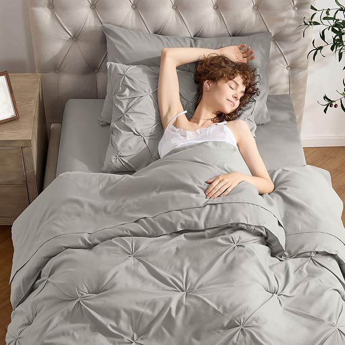 Nestl Twin Comforter Set 5 Piece - Pintuck Twin Bedding Sets Linen, College Dorm Room Essentials for Girls and Boys Bed in a Bag Twin All Season, Twin Comforter Set with Sheets, Pillowcase and Sham