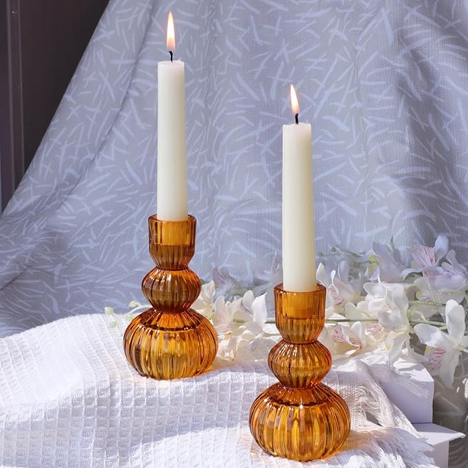 Woho Amber Candlestick Holders Set of 6 4.3" H for Thanksgiving/Fall Decorations, Ribbed Glass Taper Candle Holders Halloween Table Centerpiece, Vintage Candle Sticks Holder Decor for Boho Home Decor