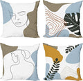 Ambesonne Minimal Throw Pillow Cushion Case Pack of 4, Modern Line Art Woman Portrait with Contemporary Leafy Geometric Details, Modern Accent Double-Sided Digital Printing, 16", Baby Blue Taupe Amber
