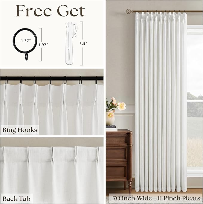 70x96 Pinch Pleated Extra Wide Curtain Panels 96 Inches Long 70 Wide Linen Curtain for Patio Sliding Glass Door Semi Sheer Beige White Hooks Rings Privacy 96 Inch Length for Living Room 1 Panel