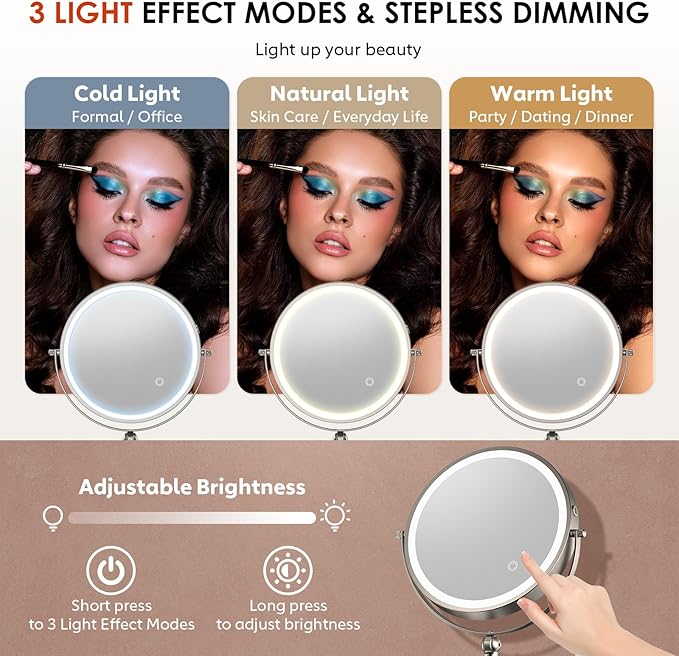9" Wall Mounted Lighted Makeup Mirror,4000mAh Rechargeable Double Sided 1X/20X Magnifying Mirror with Light,Touch Dimmable,Extended Arm 360 Rotation Wall Mounted Makeup Mirror 3 Color Lights-N