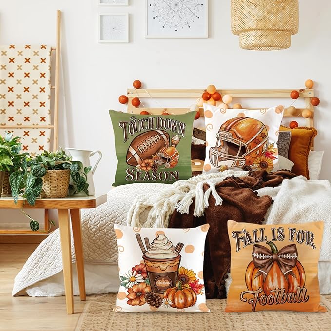 Fall Pillow Covers 16x16 Set of 4,Football Velvet Throw Pillows Farmhouse Autumn Pillowcases Decorative Home Decor for Couch Sofa, Porch Bed Living Room Fall Home Decorations