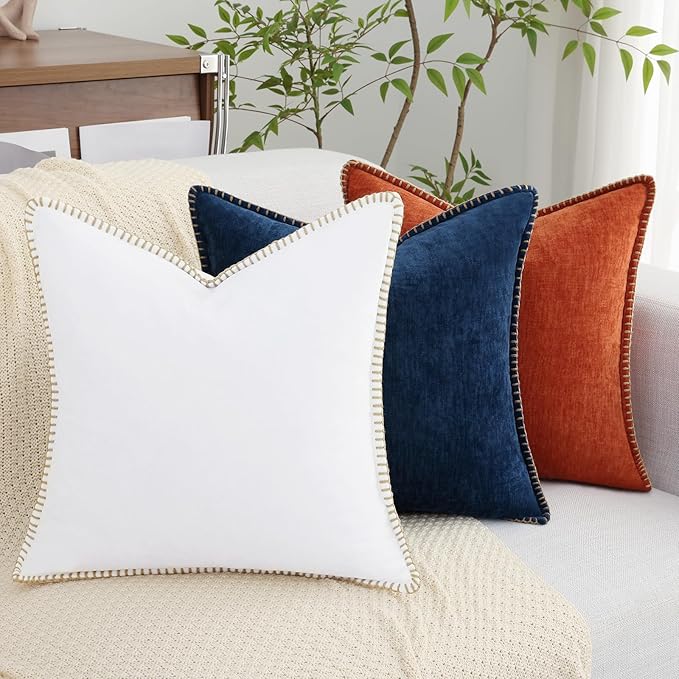 decorUhome Chenille Soft Throw Pillow Covers 18x18 Set of 2, Farmhouse Velvet Neutral Decorative Euro Pillow Covers with Stitched Edge for Couch Sofa Bed Home Decor, Poseidon