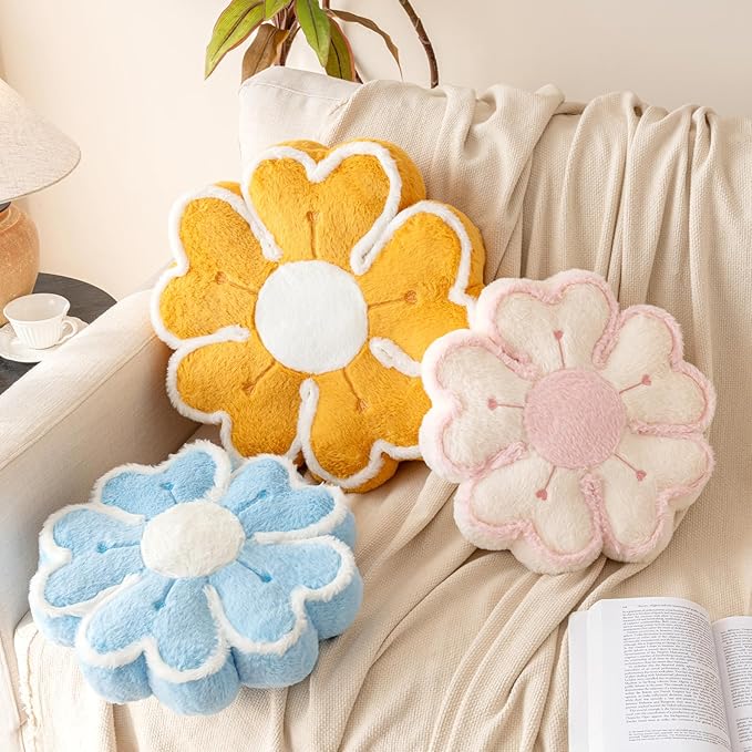 Flower Shaped Decorative Throw Pillow Cushion for Bed Couch, Cute Flower Plush Throw Pillows Home Decor Floor Pillow Seating Cushions (Ivory White, 13.7 Inches)