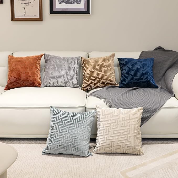 HPUK Geo Cut Velvet Throw Pillow Covers Pack of 2, 18x18 Inch Accent Cushion Covers for Living Room, Bedroom, Decorative Pillow Covers for Couch, Sofa, Chair, Brown