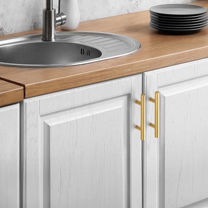 JOY DECOR 10 Pack Cabinet Handles, Gold Cabinet Pulls, 3 in Hole Center Kitchen Cabinet Handles, Stainless Steel T Bar Handles for Dresser Drawers
