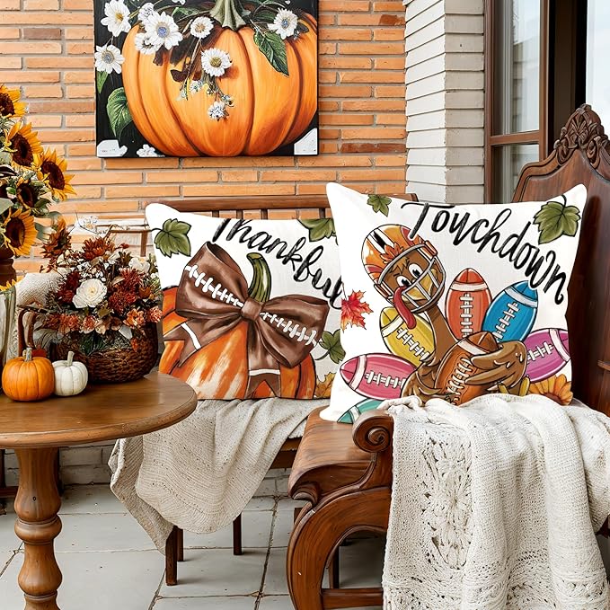 Thanksgiving Pillow Covers 18x18 Set of 4,Football Pillow Velvet Pillow Covers Cute Thanksgiving Autumn Decorative Home Decor for Couch Sofa Bed Living Room