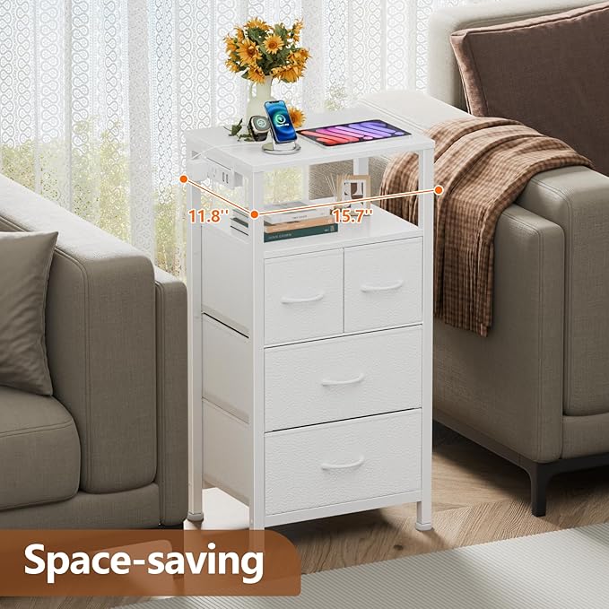 Furnulem 4 Drawer Dresser with Led Light and Charging Station, White Night Stand with Storage Shelf and Fabric & PVC Drawer, 33 Inch Bedside Table, Tall Nightstand for Entryway, Bedroom Furniture