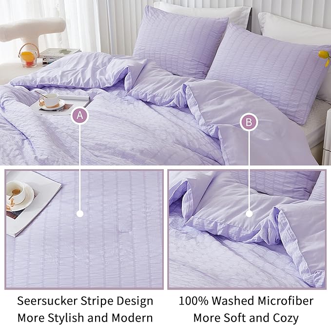 AveLom Lavender Purple Seersucker Comforter Set, California King, 104x96, 3 Pieces