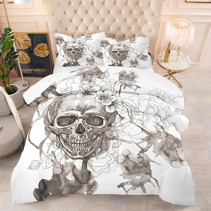 Tailor Shop Skull Comforter Set Queen Size, Gothic Fog Smoke Skull Skeleton Comforter Sets,Halloween Bedding Set, Grey Bedding Comforters for Young Man Boy Teens, with 1 Comforter 2 Pillowcases…