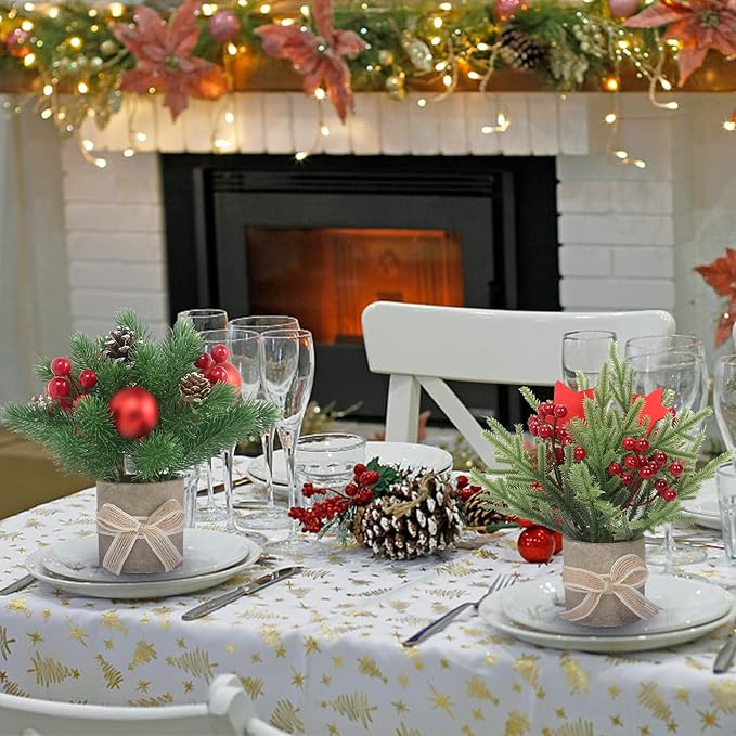 2PCS Small Christmas Tree,Tabletop Mini Xmas Tree,9" Artificial Little Potted for Christmas Decor,Suitable for Weddings, Holidays, Christmas and Other Festivals.(Star/Ball)