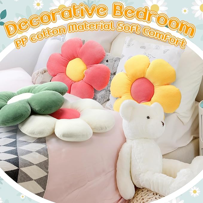 Coume 4 Pcs Flower Pillows 15" Cute Plush Flower Throw Pillows Daisy Floor Seat Cushion for Bed Sofa Couch Chair Classroom Corner Office Christmas Room Decor(Bright Colors)
