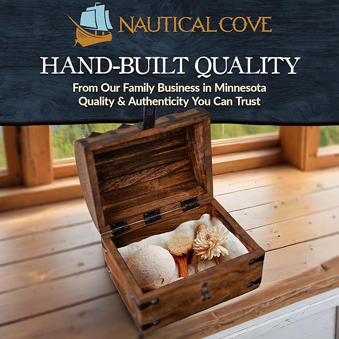 Nautical Cove Handmade Pirate Treasure Chest for Kids Prizes & Classroom with Lock and Skeleton Keys – Lockable Wooden Storage Chest Box, Pirate Decor, Decorative Wooden Box - Small 8x6x6