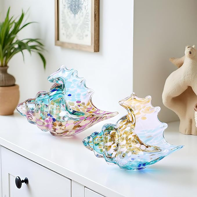 XMGZQ Hand Blown Glass Conch Statue,Sea Glass Art Figurine, Coastal Home Decor with Sea Shells, Living Room TV Stand Above Cabinet,Bookcase,Beach Decoration,Entryway Conch Horn Figurines (Amber)