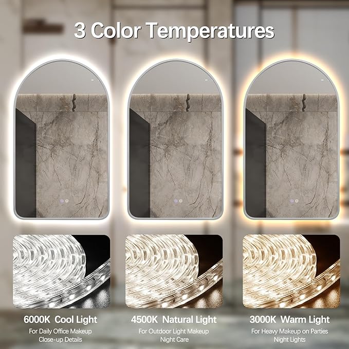 Arched LED Bathroom Mirror, 40"x30" Silver Framed Arch Backlit Mirror with Lights, Lighted Vanity Mirror for Wall, Anti-Fog, 3 Colors, Dimmable, Adjustable Brightness, Waterproof, UL Listed