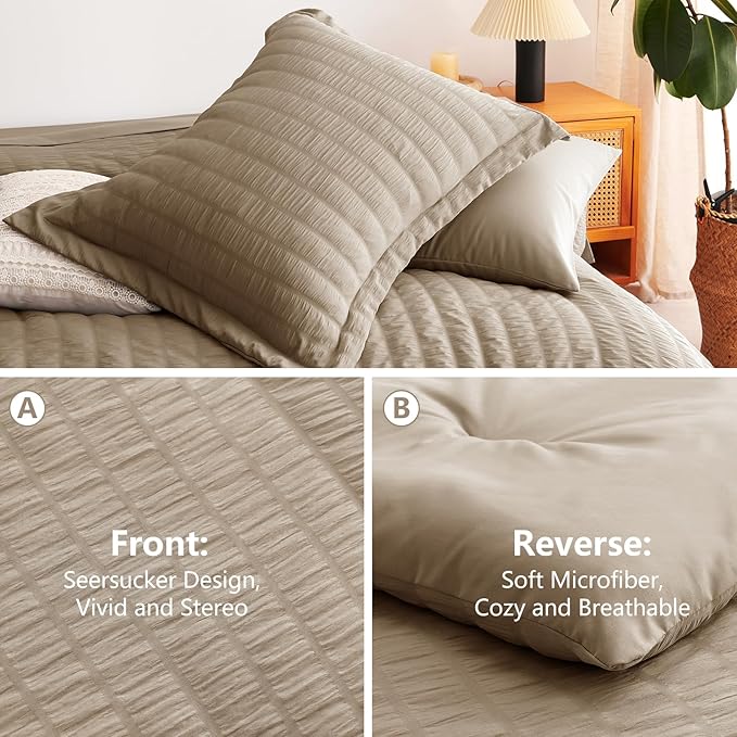 CozyLux King Size Comforter Set Taupe Seersucker 7 Pieces Bed in a Bag King Comforter Set with Sheets, Luxury Soft Bedding Set with Down Alternative Comforter, Sheets, Pillowcases & Shams All Seasons