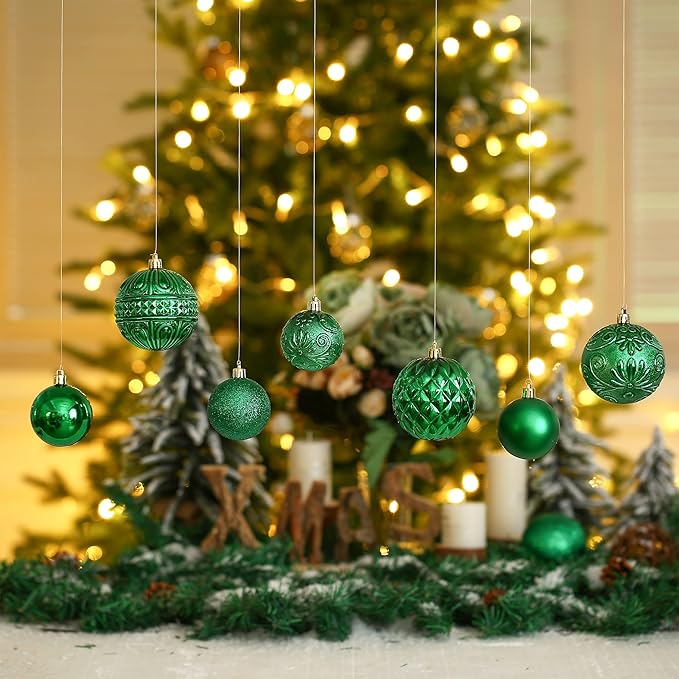Christmas Ball Ornaments Green Christmas Tree Decorations with Hang Rope-36pcs Shatterproof Christmas Ornaments Set with 6 Styles in 3 Sizes(Small Medium Large)