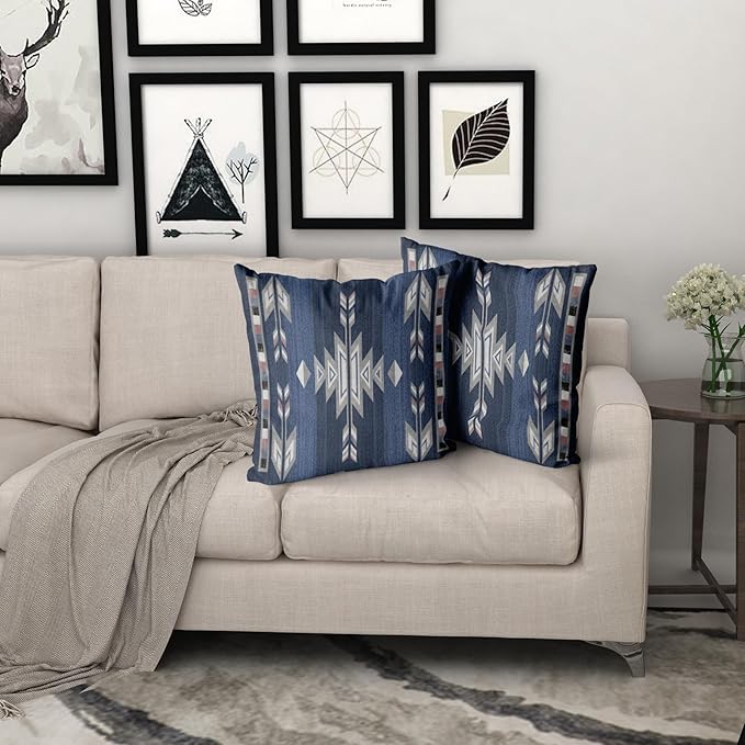 Giwawa Southwestern Throw Pillow Covers, Navy Blue Grey Native American Pillow Cases Set of 2, Ethnic Tribal Geometric Square Cushion Covers Double Sided for Sofa Porch Bedding Patio Decor, 20x20 Inch