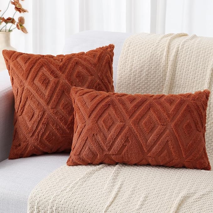 decorUhome Fall Couch Throw Pillow Covers 22x22 Set of 2, Decorative Soft Plush Faux Wool Neutral Accent Pillow Covers for Bed Sofa Living Room, Rust