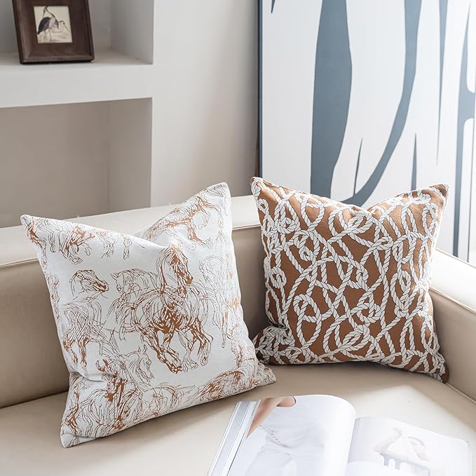 Premium Throw Pillow Covers 18x18 Inches - Tawny Birch Ropetide Knot Chenille Jacquard Embroidery Decorative Couch Pillow Covers for Living Room Bedroom Sofa Home Décor