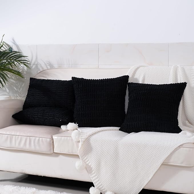 Corduroy Decorative Throw Pillow Covers 12x20 Inch Set of 2, Soft Striped Boho Couch Pillow Covers Modern Farmhouse Home Decor for Sofa Living Room Bed Neutral Black