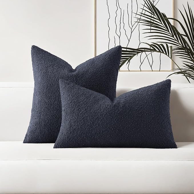 HAUSSY Set of 2 22x22 Decorative Throw Pillow Covers, Soft Cozy Textured Boucle Couch Cases, Home Decor for Couch Bed Living Room, Navy Blue