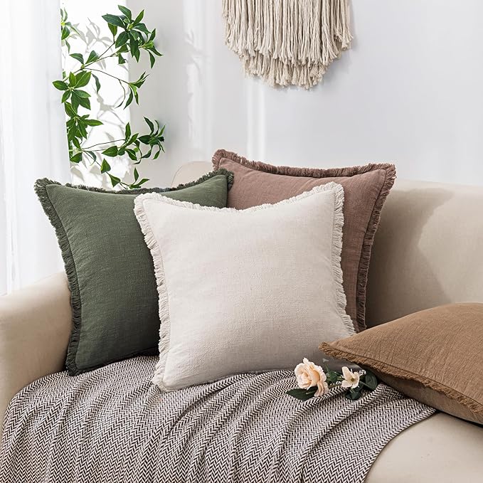 Woaboy Decorative Linen Fringe Throw Pillow Covers Boho Farmhouse Soft Lumbar Cushion Covers Accent Pillowcases with Tassels for Living Room Couch Sofa Bed Chair,12x20 Inch Set of 2,Brown