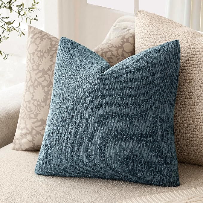 Foindtower Decorative Textured Boucle Throw Pillow Covers Accent Solid Pillow Cases Neutral Soft Cozy Couch Cushion Case for Chair Sofa Bedroom Living Room Home Decor 16x16 Inch,1PC,Misty Blue
