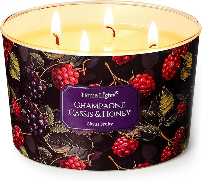 HomeLights Scented Candles for Women & Men, 18oz Candle Jars Aromatherapy 4-Wick Candle, Ideal for Eclectic Mixed Styles Home Decor and Gifts, Champagne Cassis & Honey